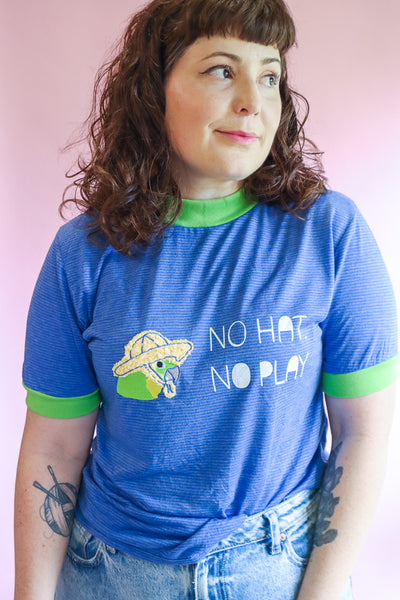 No Hat No Play Tshirt - Blue Stripe + Green