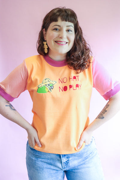 No Hat No Play Tshirt - Pastel Orange + Pink