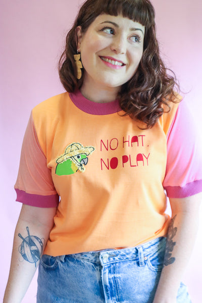 No Hat No Play Tshirt - Pastel Orange + Pink